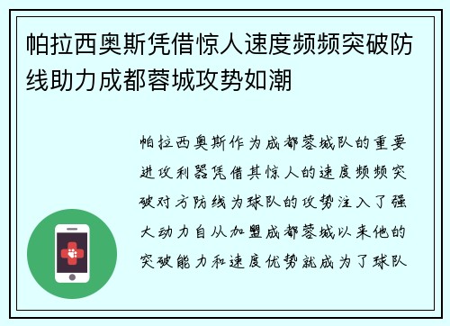 帕拉西奥斯凭借惊人速度频频突破防线助力成都蓉城攻势如潮